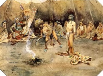 Sioux torturando a un valiente Blackfoot 1897 Charles Marion Russell Indios Americanos Pinturas al óleo